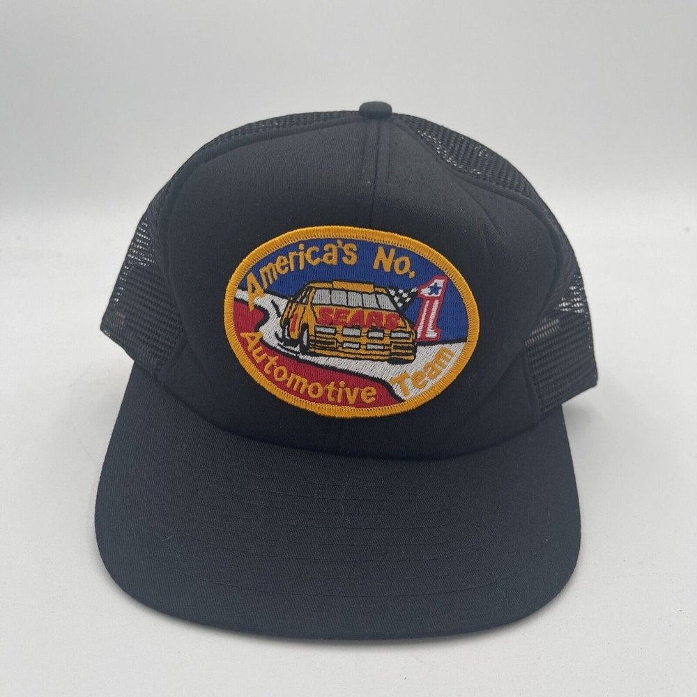 Vintage NOS Sears #1 Automotive Team Spell Out Patch Trucker Hat Snapback Black